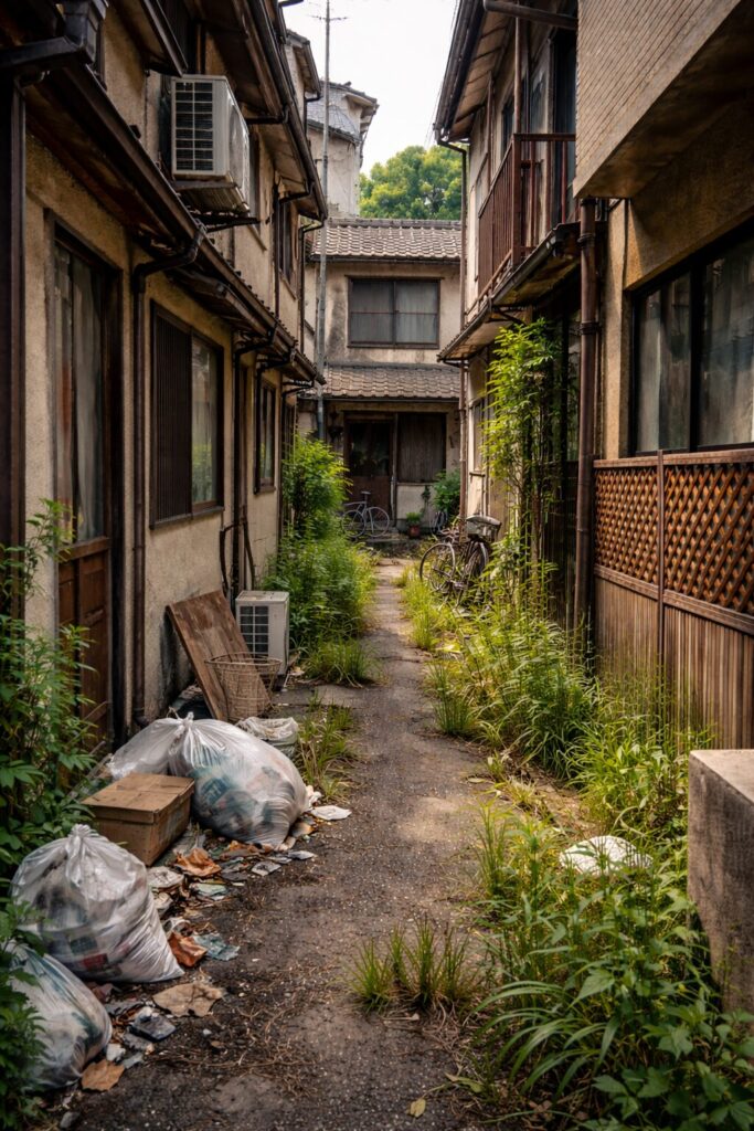 再建築不可の廃屋と荒れた路地